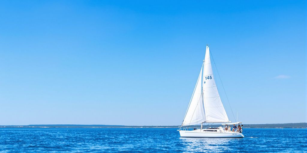 Segelboot auf ruhigem Wasser unter blauem Himmel.