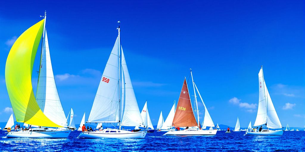 Verschiedene Segelboote auf dem Wasser unter blauem Himmel.